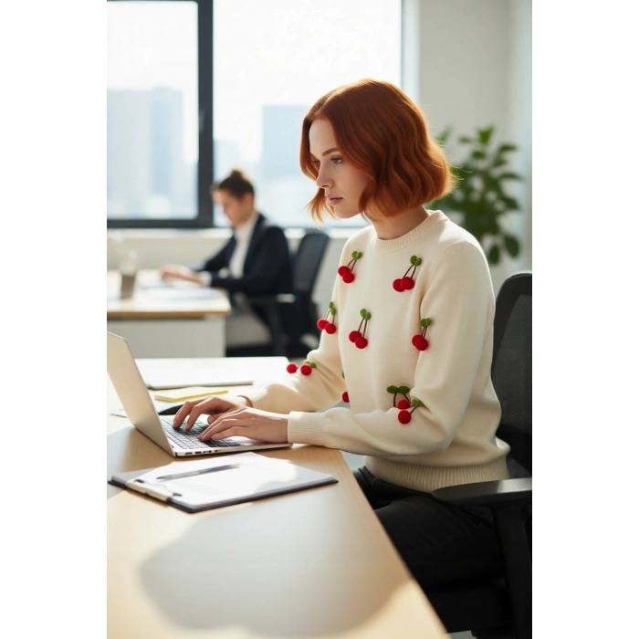 Kadın Casual Regular Kalıp Bisiklet Yaka Akrilik Uzun Kollu Nakışlı İşlemeli Triko Kazak Kaliteli