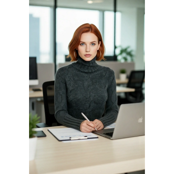 Kadın Casual Regular Kalıp Dik Yaka Saç Örgü Uzun Kollu Süper Crop Triko Kazak Modeli Kaliteli