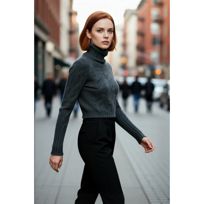 Kadın Casual Regular Kalıp Dik Yaka Saç Örgü Uzun Kollu Süper Crop Triko Kazak Modeli Kaliteli