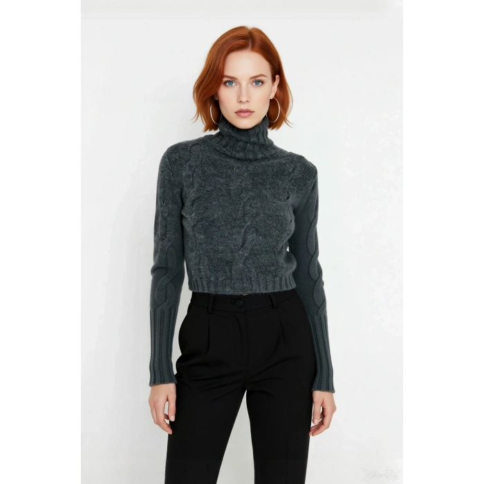 Kadın Casual Regular Kalıp Dik Yaka Saç Örgü Uzun Kollu Süper Crop Triko Kazak Modeli Kaliteli