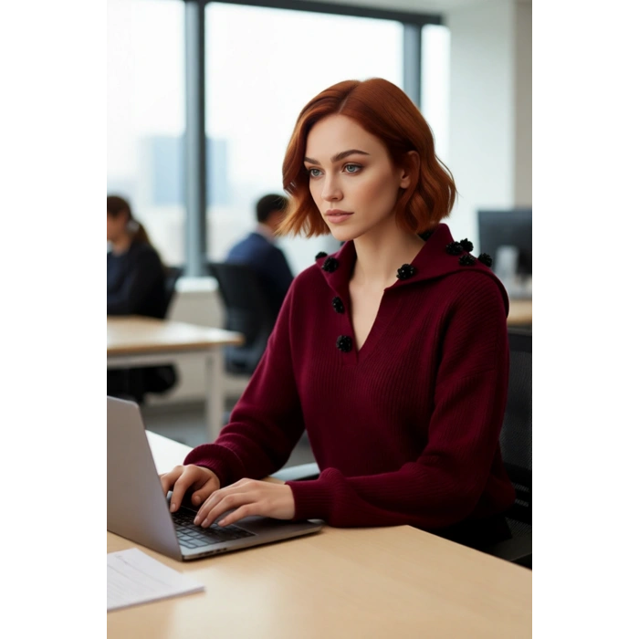 Kadın Casual Regular Kalıp Düşük Kol Akrilik Triko Devrik Yaka Gül Detaylı Şık Kışlık Kazak