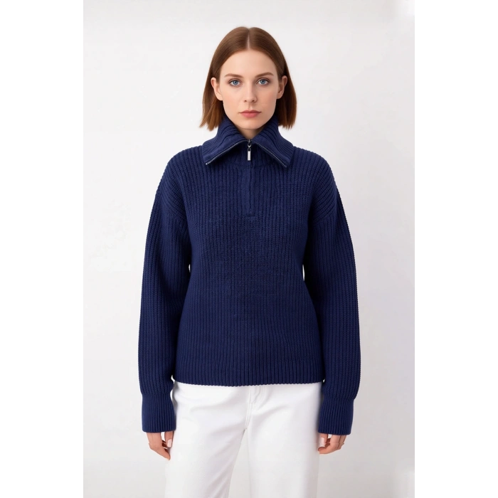 Kadın Casual Regular Kalıp Selanik Dokuma Uzun Kollu Triko Kazak Fermuarlı Dik Yaka Soğuk Havalar