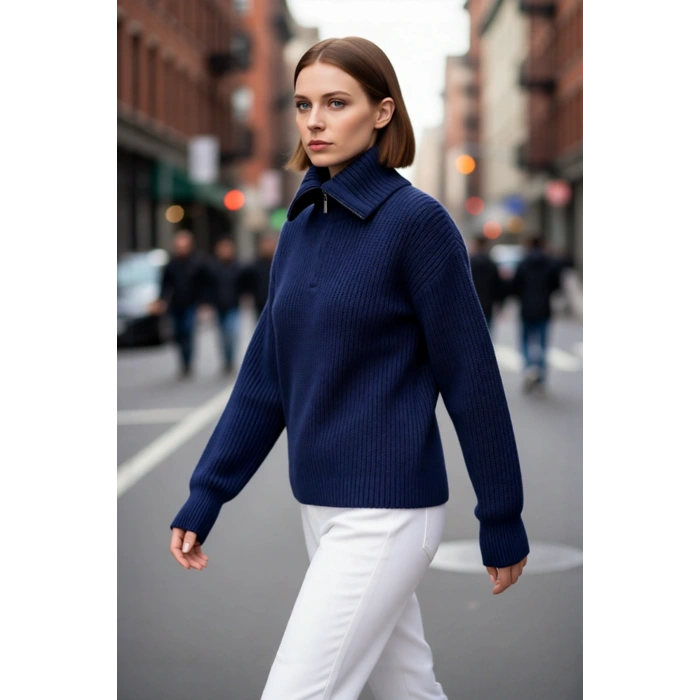 Kadın Casual Regular Kalıp Selanik Dokuma Uzun Kollu Triko Kazak Fermuarlı Dik Yaka Soğuk Havalar