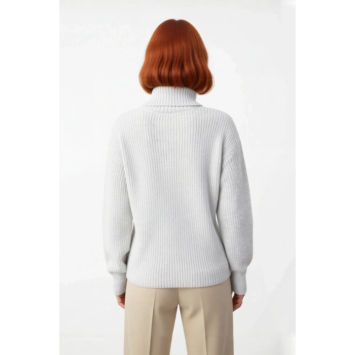 Kadın Casual Regular Kalıp Selanik Dokuma Uzun Kollu Triko Kazak Fermuarlı Dik Yaka Soğuk Havalar