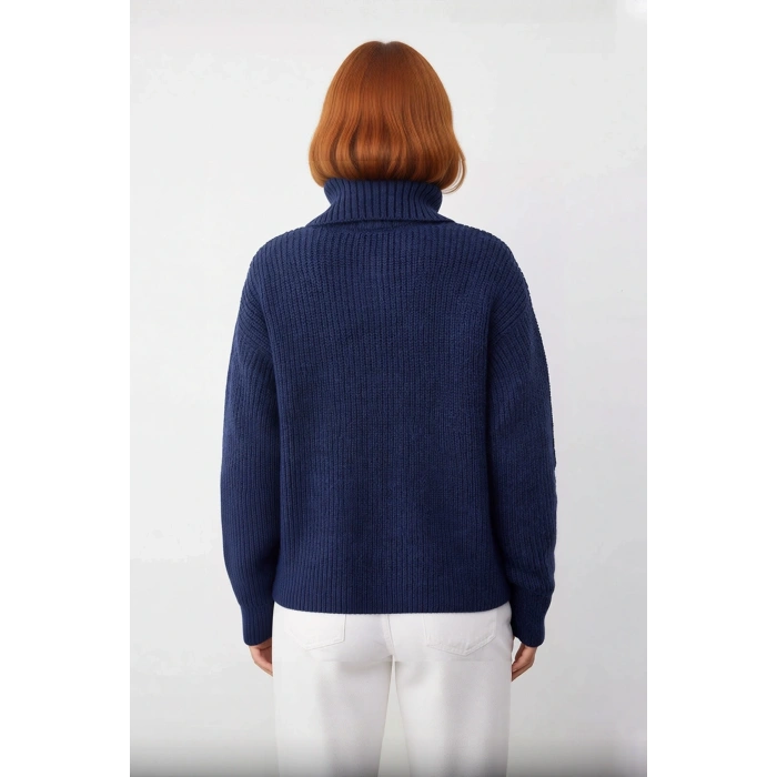 Kadın Casual Regular Kalıp Selanik Dokuma Uzun Kollu Triko Kazak Fermuarlı Dik Yaka Soğuk Havalar