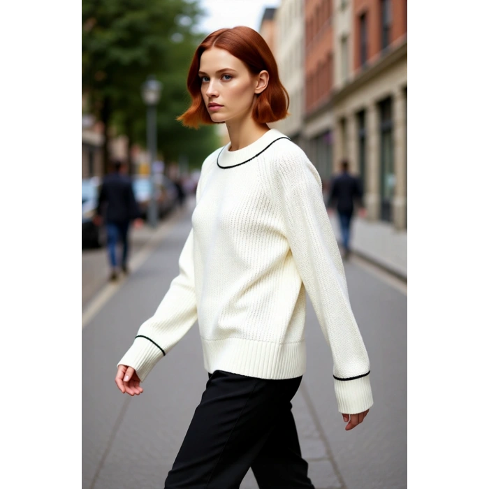 Kadın Casual Selanik Örgü Uzun Kol Biye Detaylı Bisiklet Yaka Triko Kazak Kış Modasına Uyumlu.