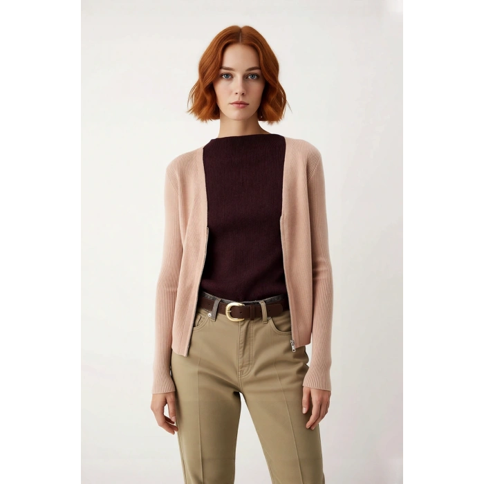 Kadın Casual Şık Dik Yaka Renk Bloklu Triko Kazak Fitted Kalıp Uzun Kollu Kışlık Basic Kaliteli