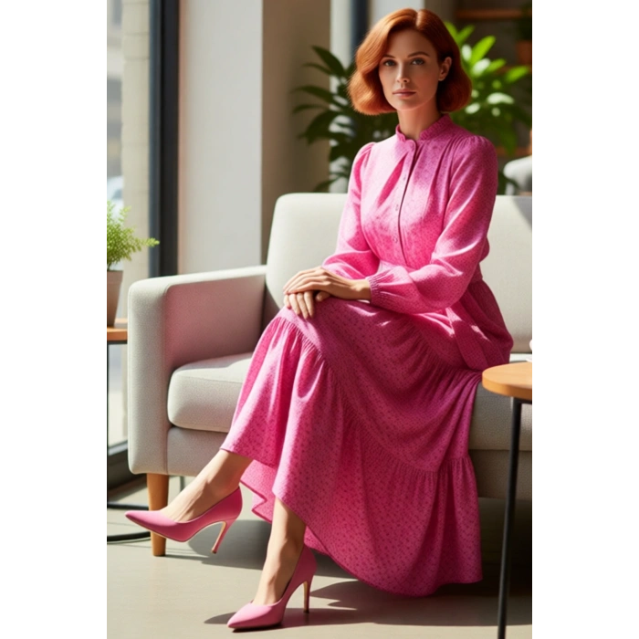 Kadın Casual Şık Shift Kalıp Çiçekli Dokuma Kumaş Astarlı Kuşaklı Maxi Boy Elbise Kaliteli