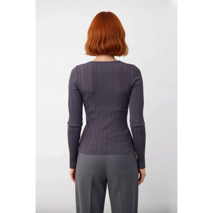 Kadın Casual Şık Vücuda Oturan Fitilli Triko Kazak Standart Uzun Kollu İlkbahar Sonbahar Konfor