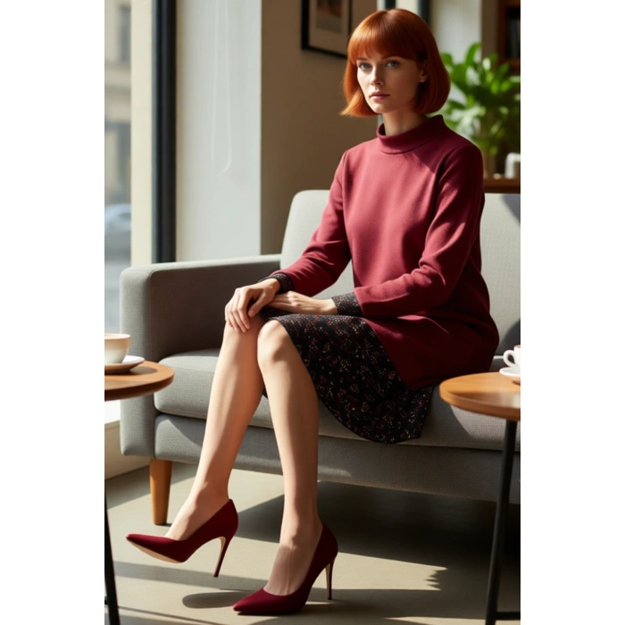 Kadın Casual Stil Selanik Örme Mini Elbise Dik Yaka Uzun Kollu Çiçek Desen Detaylı Konforlu