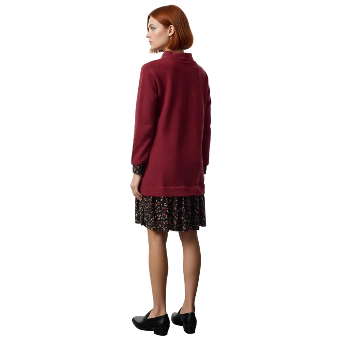 Kadın Casual Stil Selanik Örme Mini Elbise Dik Yaka Uzun Kollu Çiçek Desen Detaylı Konforlu