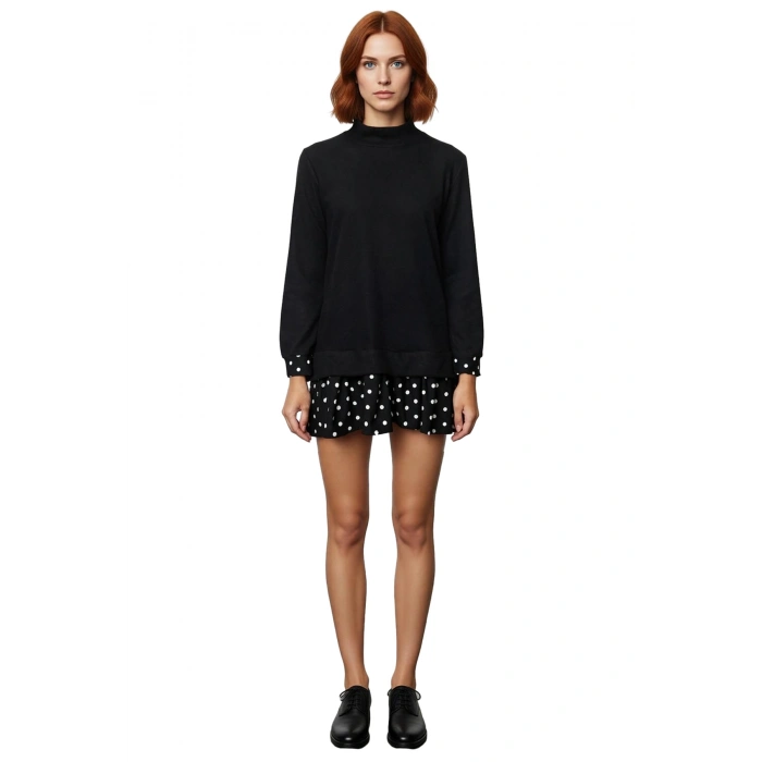 Kadın Casual Stil Selanik Örme Mini Elbise Dik Yaka Uzun Kollu Çiçek Desen Detaylı Konforlu