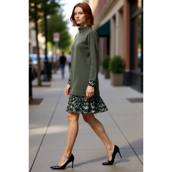 Kadın Casual Stil Selanik Örme Mini Elbise Dik Yaka Uzun Kollu Çiçek Desen Detaylı Konforlu