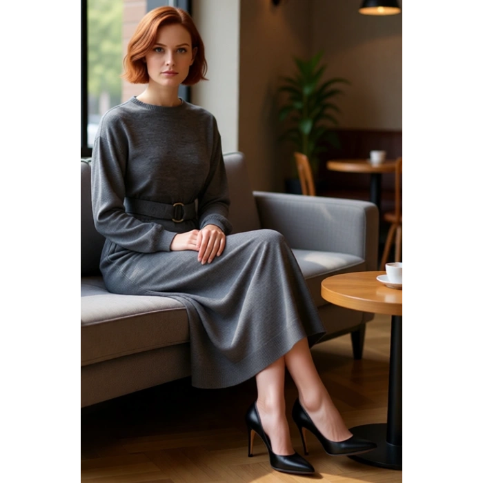 Kadın Casual Triko Maxi Elbise Kemer Detaylı Bisiklet Yaka Uzun Kol Modern Günlük Stil Rahatlığı