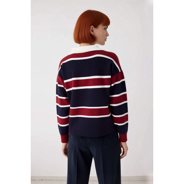 Kadın Casual Triko Polo Yaka Kazak Oversize Rahat Kalıbı ve Renk Bloklarıyla Sonbahar Kış Kaliteli