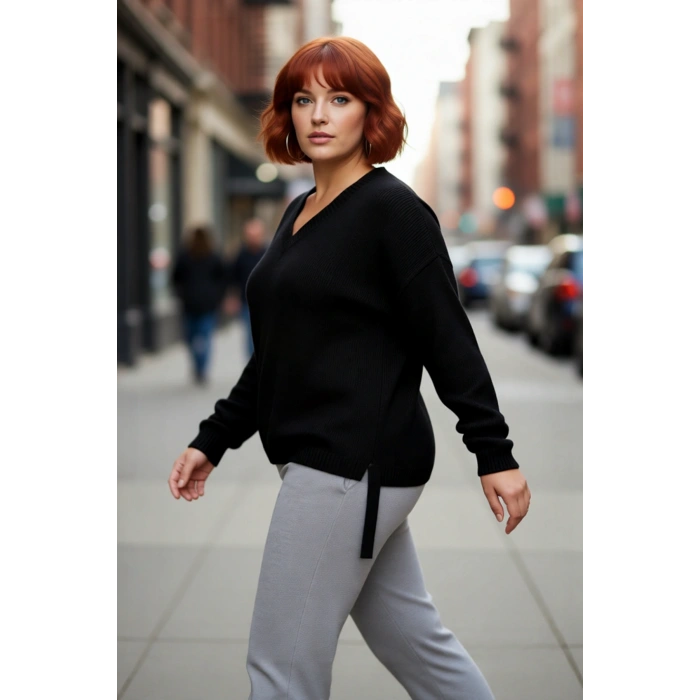 Kadın Casual V Yaka Akrilik Triko Kazak Büzgülü Kol Detaylı Konforlu Basic Rahat Kullanım İçin