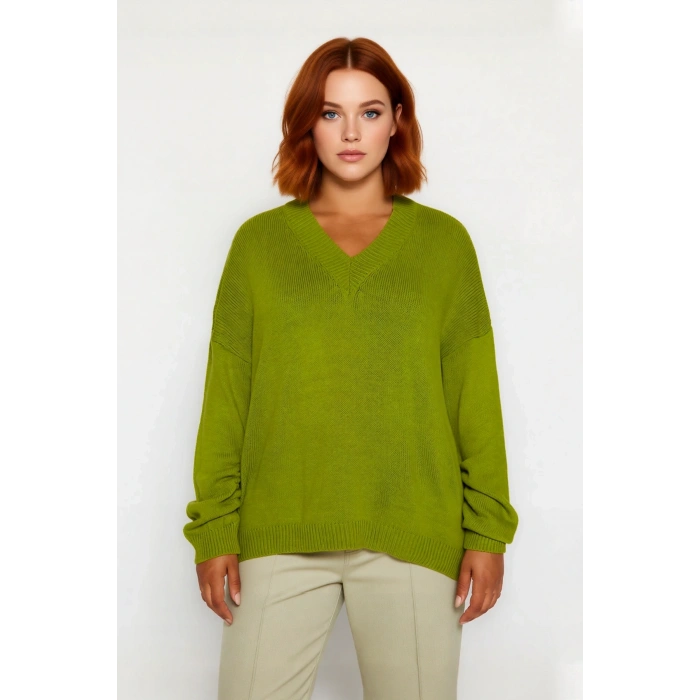 Kadın Casual V Yaka Akrilik Triko Kazak Büzgülü Kol Detaylı Konforlu Basic Rahat Kullanım İçin