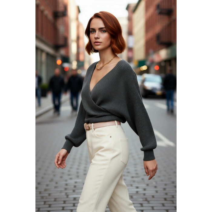 Kadın Casual V Yaka Kruvaze Triko Kazak Regular Kalıp Tek Plaka Dokuma Rahat Kışlık Seçim Kaliteli