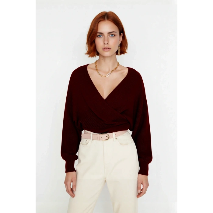 Kadın Casual V Yaka Kruvaze Triko Kazak Regular Kalıp Tek Plaka Dokuma Rahat Kışlık Seçim Kaliteli