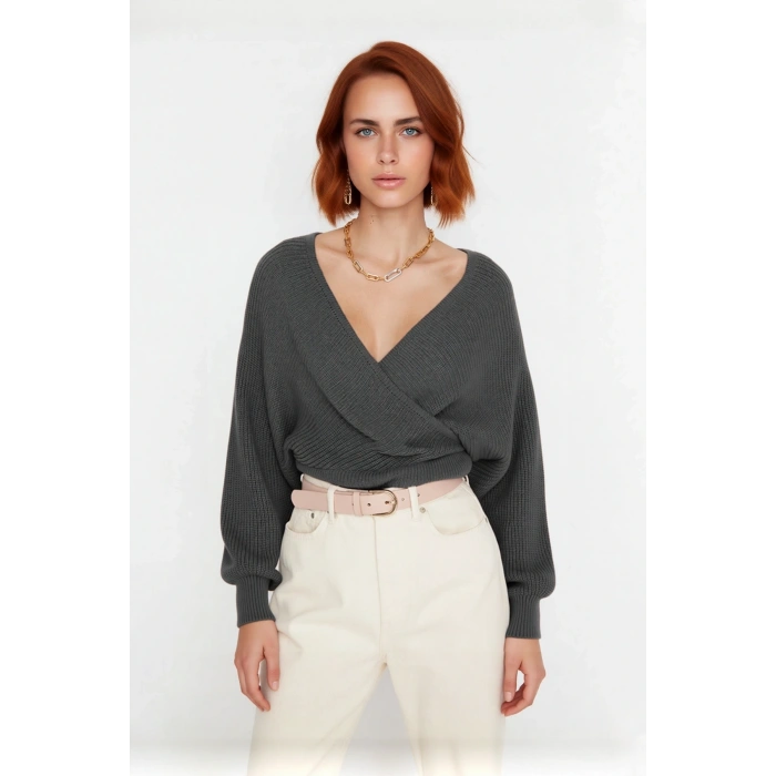 Kadın Casual V Yaka Kruvaze Triko Kazak Regular Kalıp Tek Plaka Dokuma Rahat Kışlık Seçim Kaliteli