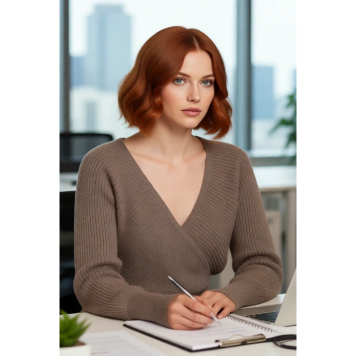 Kadın Casual V Yaka Kruvaze Triko Kazak Regular Kalıp Tek Plaka Dokuma Rahat Kışlık Seçim Kaliteli