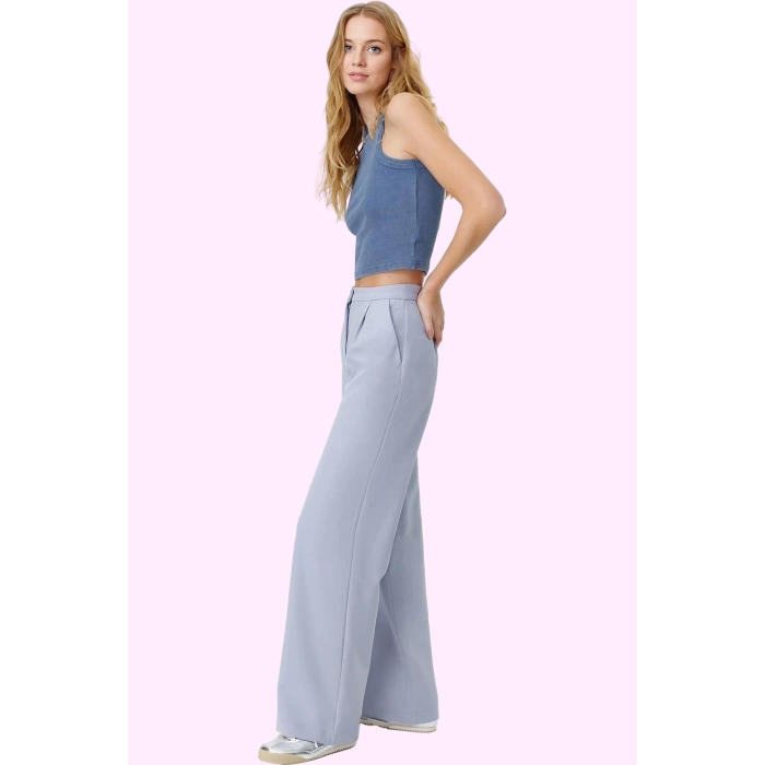 Kadın Casual Wide Leg Pantolon Dokuma Kumaş Yüksek Bel Çift Cepli Günlük Dayanıklı Malzeme