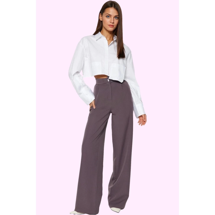 Kadın Casual Wide Leg Pantolon Dokuma Kumaş Yüksek Bel Çift Cepli Günlük Dayanıklı Malzeme
