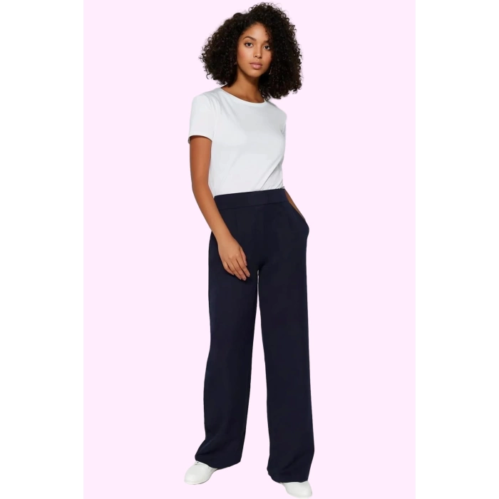 Kadın Casual Wide Leg Pantolon Dokuma Kumaş Yüksek Bel Çift Cepli Günlük Dayanıklı Malzeme