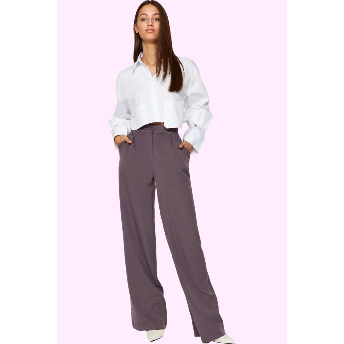 Kadın Casual Wide Leg Pantolon Dokuma Kumaş Yüksek Bel Çift Cepli Günlük Dayanıklı Malzeme
