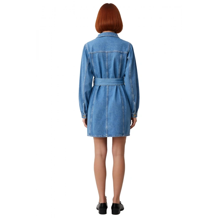 Kadın Ceket Kalıp Kuşaklı Fermuar Detaylı Balon Kol Uzun Kollu Denim Mini Elbise Şık Ve Konforlu