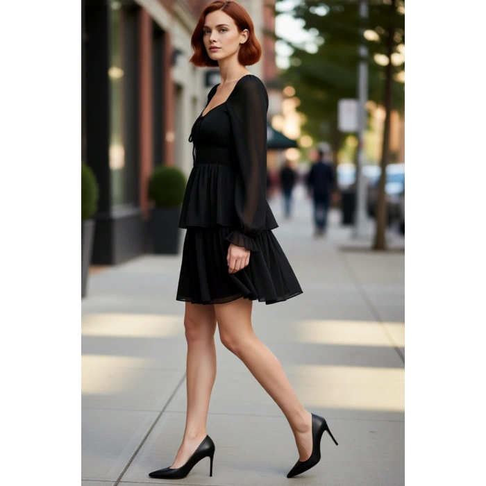 Kadın Çiçek Desenli Kalp Yaka Balon Kol Şifon Mini Elbise İlkbahar Yaz Şıklığı İçin İdeal.