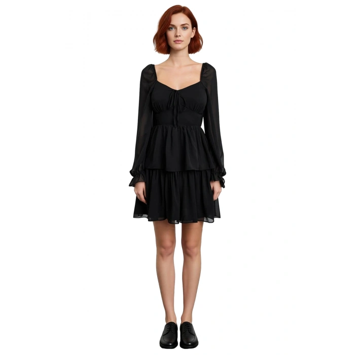 Kadın Çiçek Desenli Kalp Yaka Balon Kol Şifon Mini Elbise İlkbahar Yaz Şıklığı İçin İdeal.