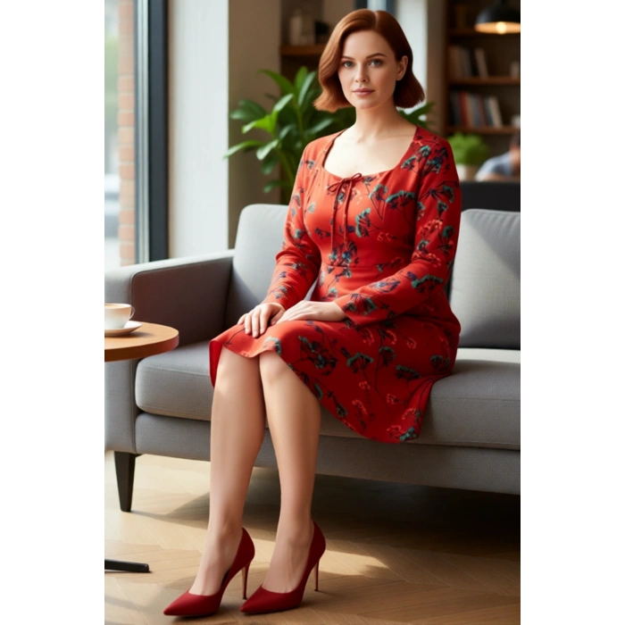 Kadın Çiçek Desenli Kalp Yaka Uzun Kol A Line Kesim Kısa Elbise Büyük Beden İlkbahar Sonbahar