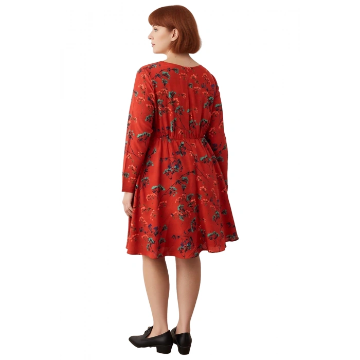 Kadın Çiçek Desenli Kalp Yaka Uzun Kol A Line Kesim Kısa Elbise Büyük Beden İlkbahar Sonbahar