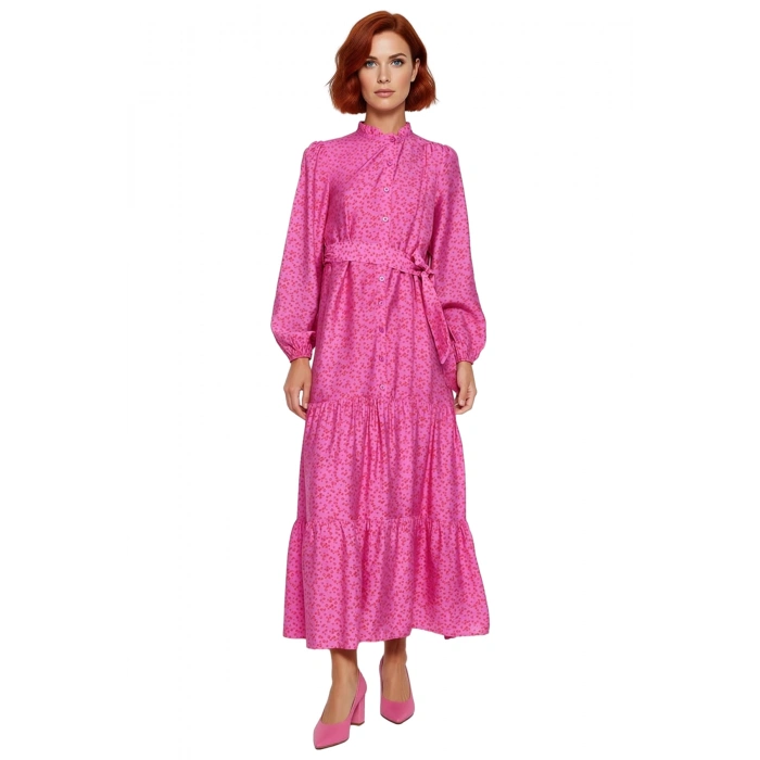 Kadın Çiçek Desenli Kuşak Detaylı Gömlek Yaka Uzun Kollu Astarlı Maxi Boy Dokuma Elbise Kaliteli