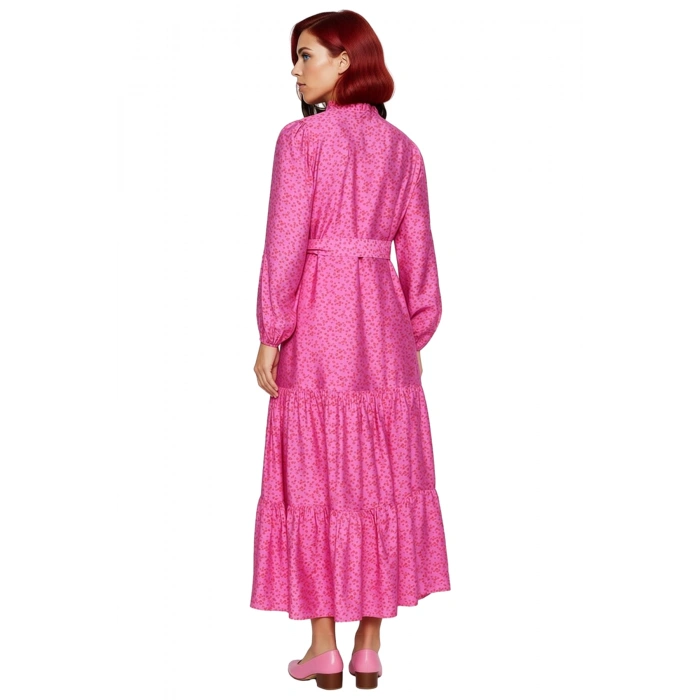 Kadın Çiçek Desenli Kuşak Detaylı Gömlek Yaka Uzun Kollu Astarlı Maxi Boy Dokuma Elbise Kaliteli