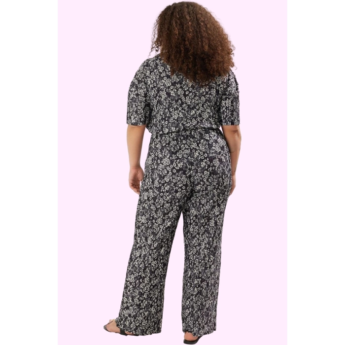 Kadın Çiçek Desenli Örme Pantolon Geniş Paça Yüksek Bel Büyük Beden Casual Günlük Kullanım