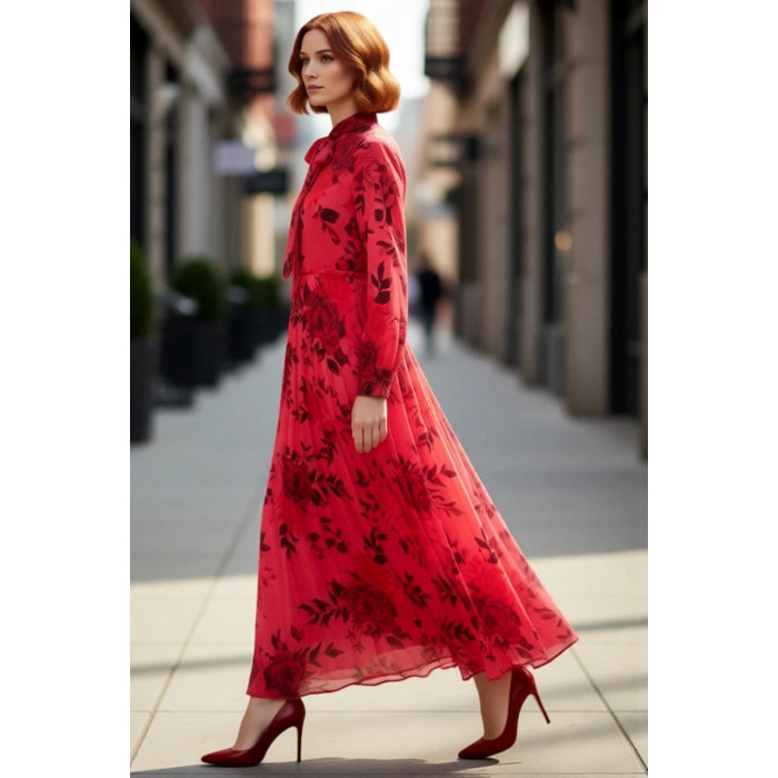 Kadın Çiçek Desenli Piliseli Şifon Maxi Elbise Uzun Balon Kollu Boyundan Bağlamalı Detaylı