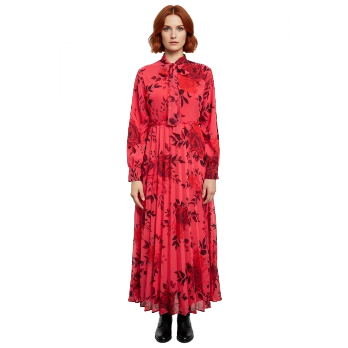 Kadın Çiçek Desenli Piliseli Şifon Maxi Elbise Uzun Balon Kollu Boyundan Bağlamalı Detaylı