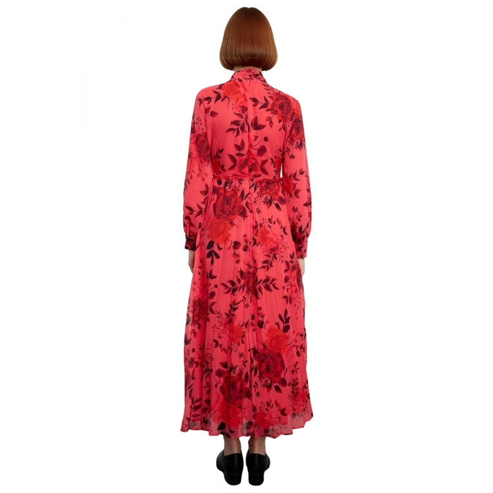 Kadın Çiçek Desenli Piliseli Şifon Maxi Elbise Uzun Balon Kollu Boyundan Bağlamalı Detaylı