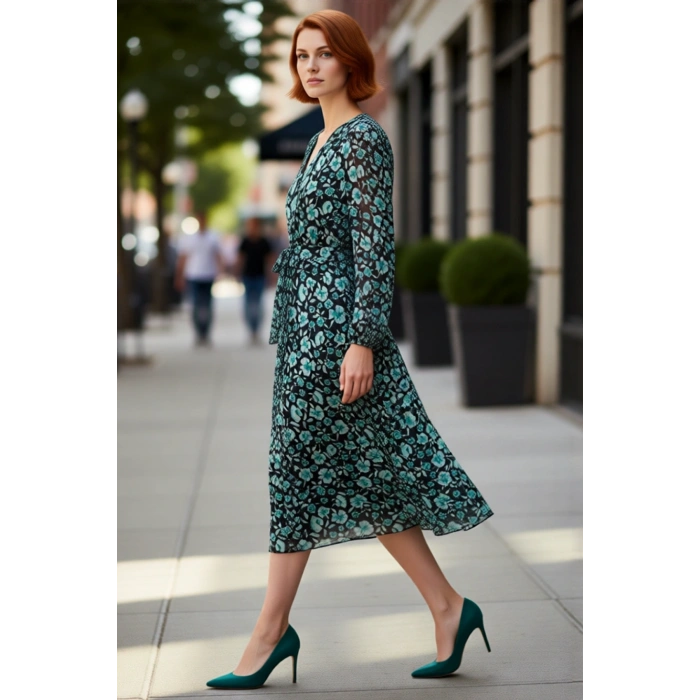 Kadın Çiçekli A Kesim Maxi Kuşaklı V Yaka Balon Kol Dokuma Şifon Elbise Zarif Ve Modern Tasarım