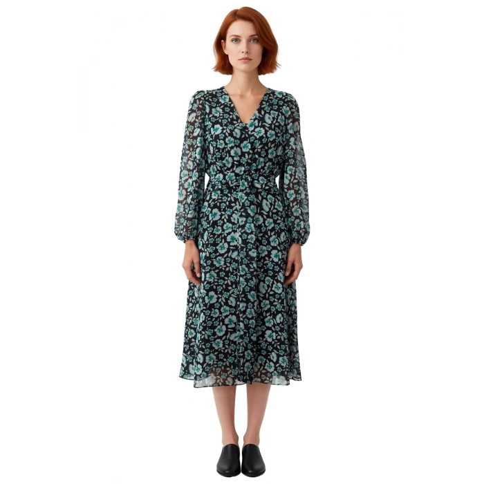 Kadın Çiçekli A Kesim Maxi Kuşaklı V Yaka Balon Kol Dokuma Şifon Elbise Zarif Ve Modern Tasarım