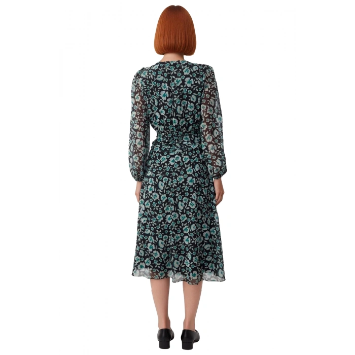 Kadın Çiçekli A Kesim Maxi Kuşaklı V Yaka Balon Kol Dokuma Şifon Elbise Zarif Ve Modern Tasarım