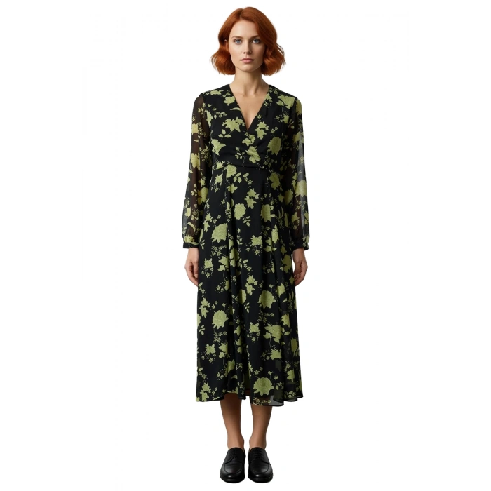 Kadın Çiçekli A Kesim Midi Boy Uzun Kollu Dokuma V Yaka Elbise Gündüz Gece Şık Kombinler Kaliteli