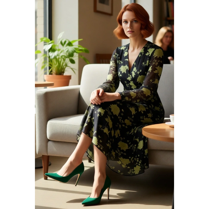 Kadın Çiçekli A Kesim Midi Boy Uzun Kollu Dokuma V Yaka Elbise Gündüz Gece Şık Kombinler Kaliteli