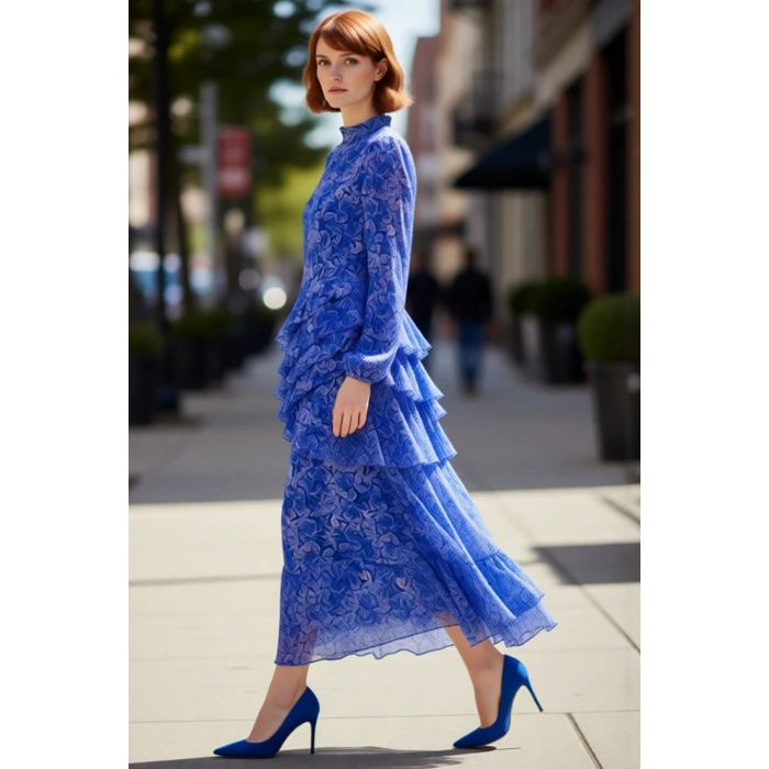 Kadın Çiçekli Balon Kol Maxi Boy Eteği Fırfırlı Astarlı Dokuma Şifon Elbise Şık Davetler İçin