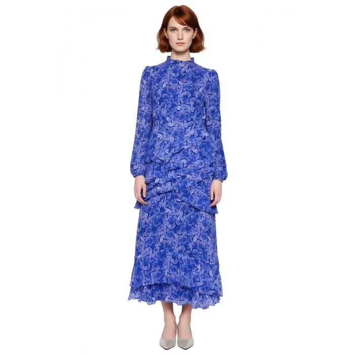 Kadın Çiçekli Balon Kol Maxi Boy Eteği Fırfırlı Astarlı Dokuma Şifon Elbise Şık Davetler İçin