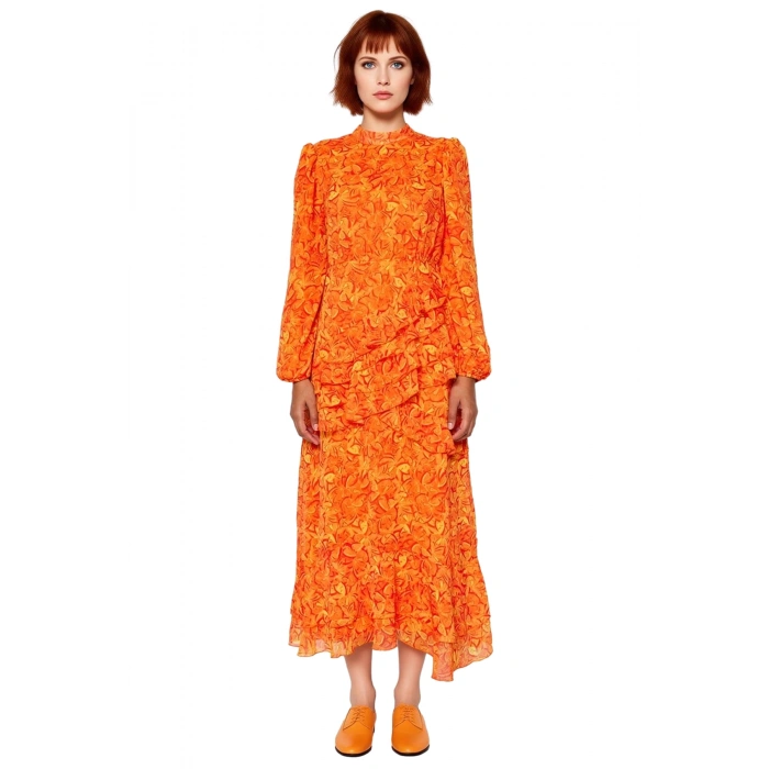 Kadın Çiçekli Balon Kol Maxi Boy Eteği Fırfırlı Astarlı Dokuma Şifon Elbise Şık Davetler İçin