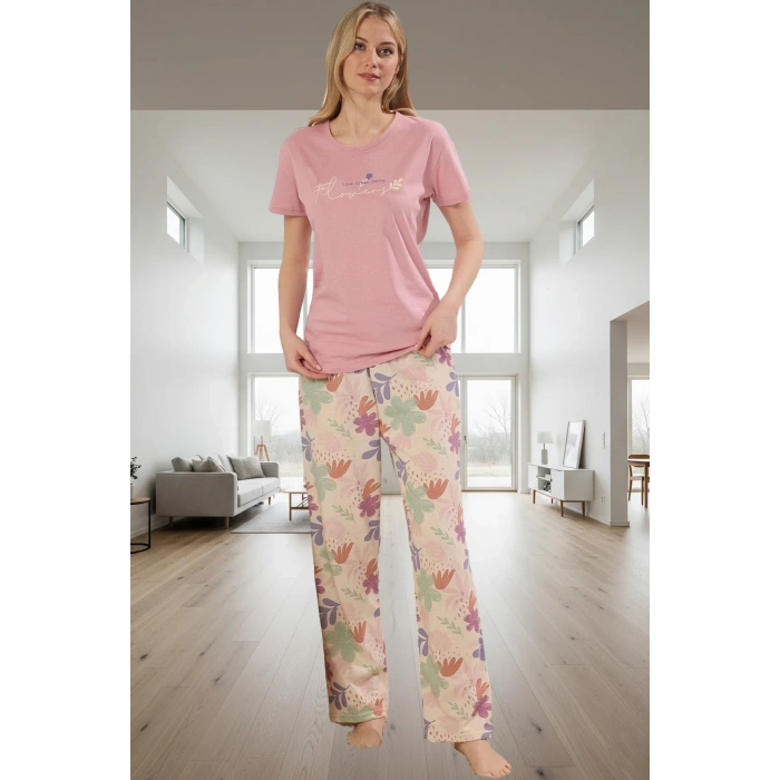 Kadın Çiçekli Bisiklet Yaka Pamuklu Kısa Kollu Pijama Takımı Konforlu Kesim Zarif Tasarım