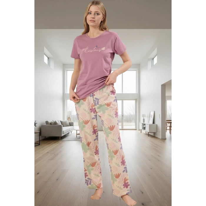 Kadın Çiçekli Bisiklet Yaka Pamuklu Kısa Kollu Pijama Takımı Konforlu Kesim Zarif Tasarım